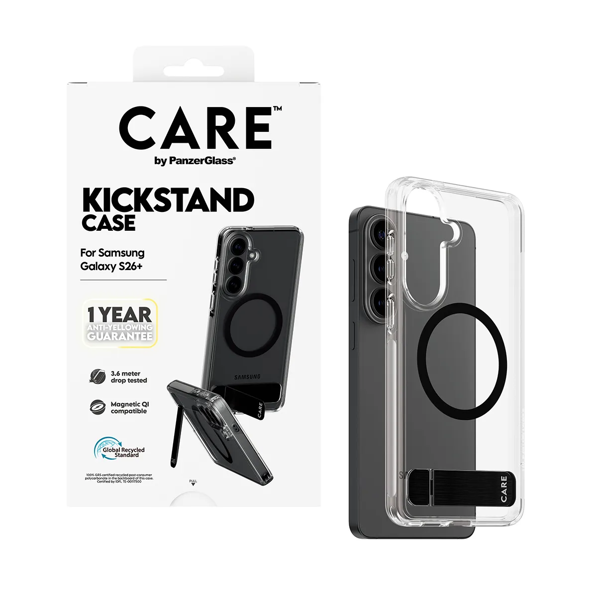 PanzerGlass CARE Case for Galaxy S26+, Clear with Black Kickstand
