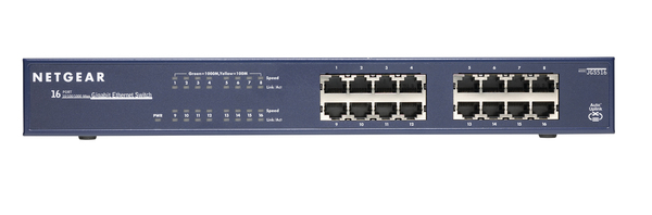 Netgear JGS516  ProSafe Unmanaged 16-port Gigabit Ethernet Switch. 16 10/100/1000T RJ-45 ports. 100-240V, 50-60 Hz internal Power Supply. 19&quot; Rack-mountable.