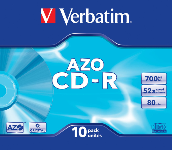 VERBATIM CD-R LEVY 10kpl 700 MB AZO, CD-R, 48X, Crystal 10 pk Slim Jewelcase -  ME10