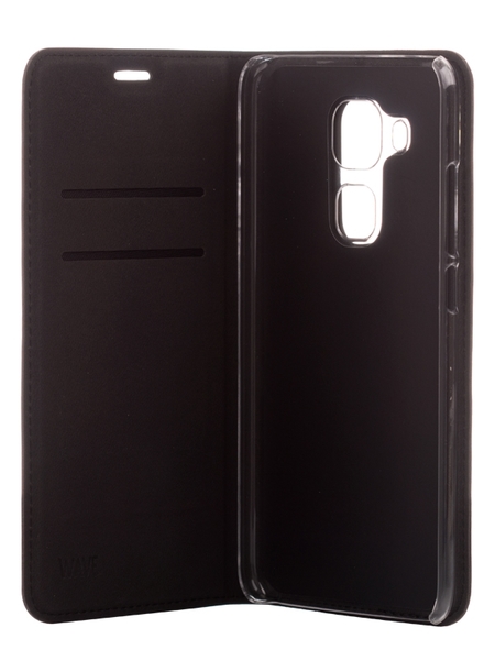 WAVE Book case kotelo. Musta t&auml;sm&auml;istuva kotelo Huawei Nova Plus. Kirjamalli. Paikat my&ouml;s maksukorteille. Materiaali laadukasta PU nahkaa.