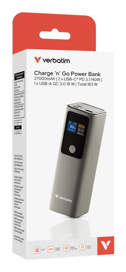 Verbatim Charge 'n' Go 27000 mAh 183W - powerbank, Silver
