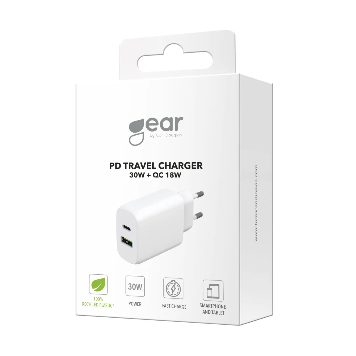GEAR Charger 220V 1xUSB-C + 1xUSB-A PD/PPS 30W  + 18W QC White