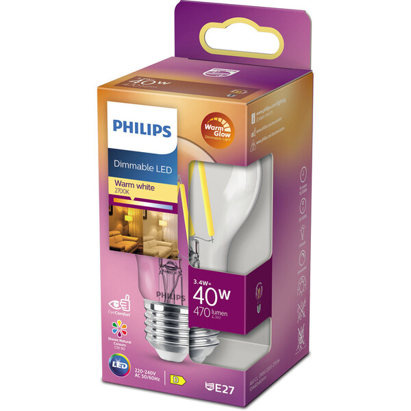 Philips LED Classic A60 E27 3.4W (40W) 470lm Clear Dimmable WarmGlow