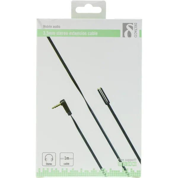 Deltaco Angled 3.5mm &ndash; 3.5mm - audio cable, male/female, 1 m, Black