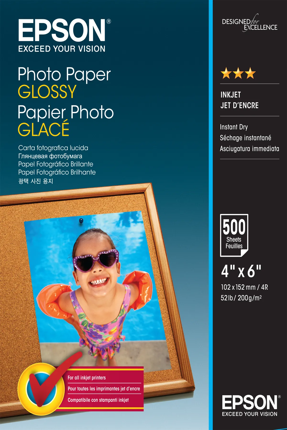 Epson - Glossy - 102 x 152 mm - 200 g/m² - 500 arkki (arkit) valokuvapaperi malleihin Expression Home XP-245, 342, 345, 442, 445, Expression Premium XP-540, Wor Epson - Glossy - 102 x 152 mm - 200 g/m² - 500 arkki (arkit) valokuvapaperi malleihin Expression Home XP-245, 342, 345, 442, 445, Expression Premium XP-540, Wor