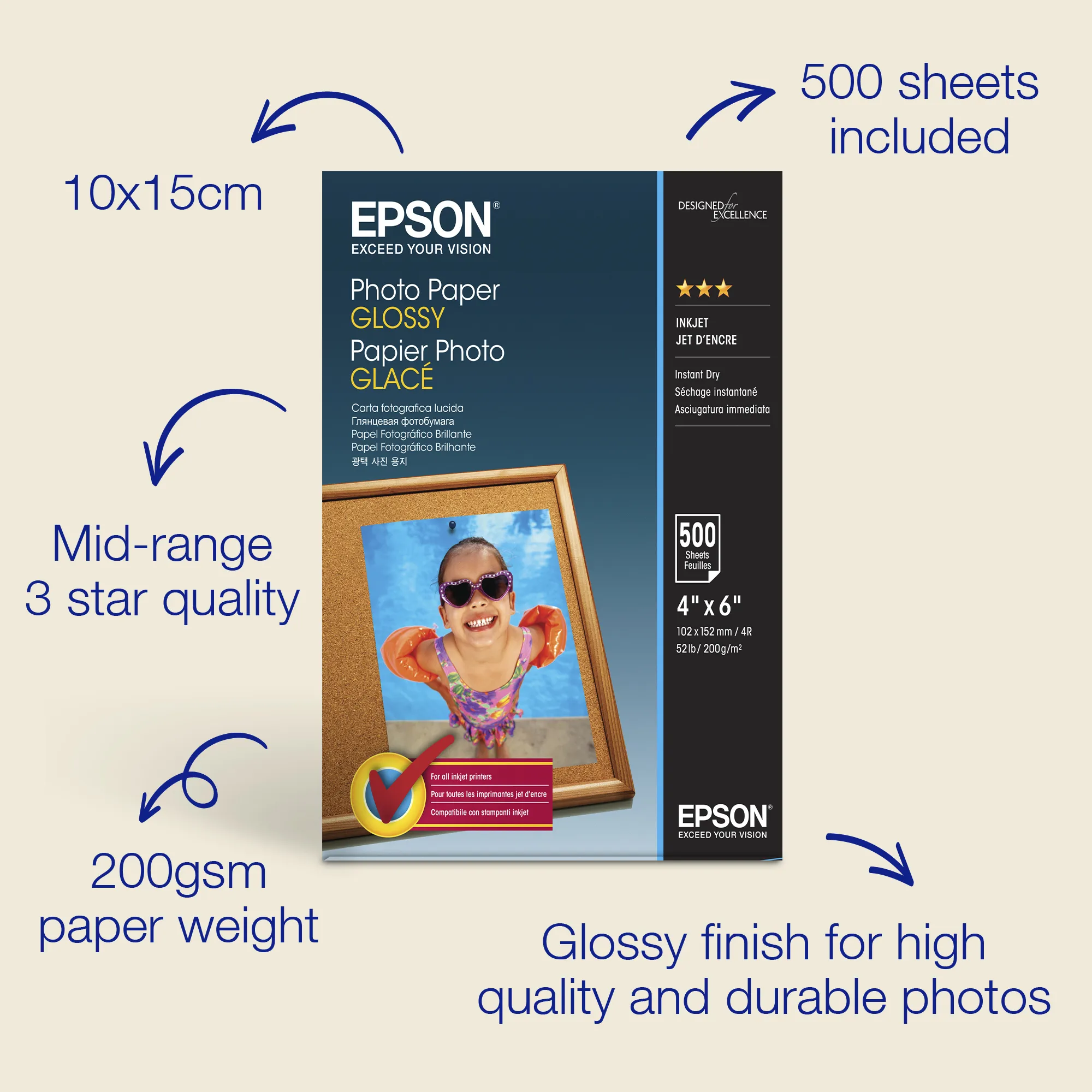 Epson - Glossy - 102 x 152 mm - 200 g/m&sup2; - 500 arkki (arkit) valokuvapaperi malleihin Expression Home XP-245, 342, 345, 442, 445, Expression Premium XP-540, Wor
