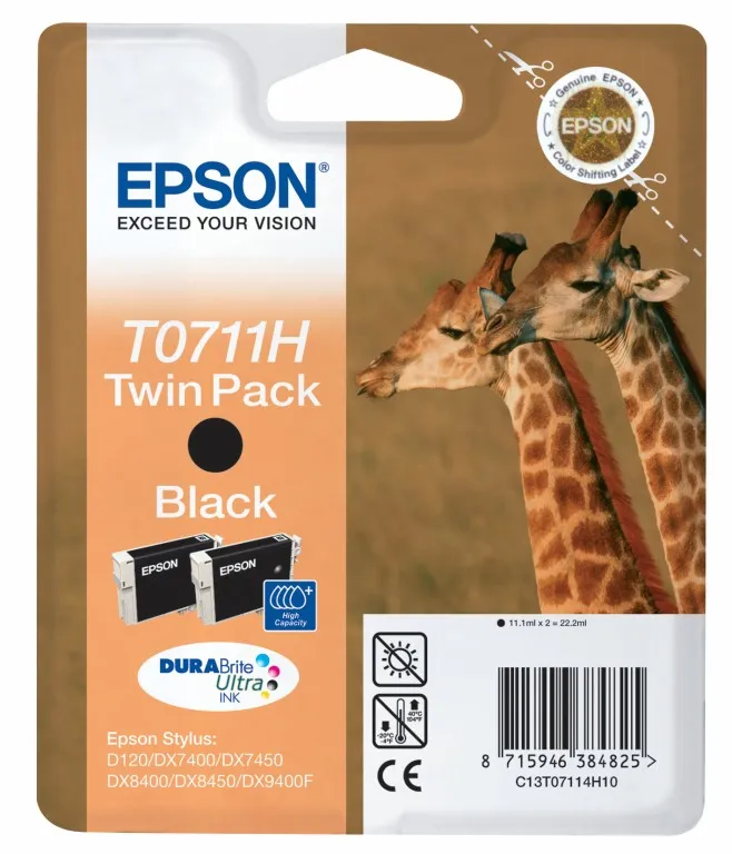 Epson T0711H -mustekasettipakkaus, 11 ml, musta, 2 kpl