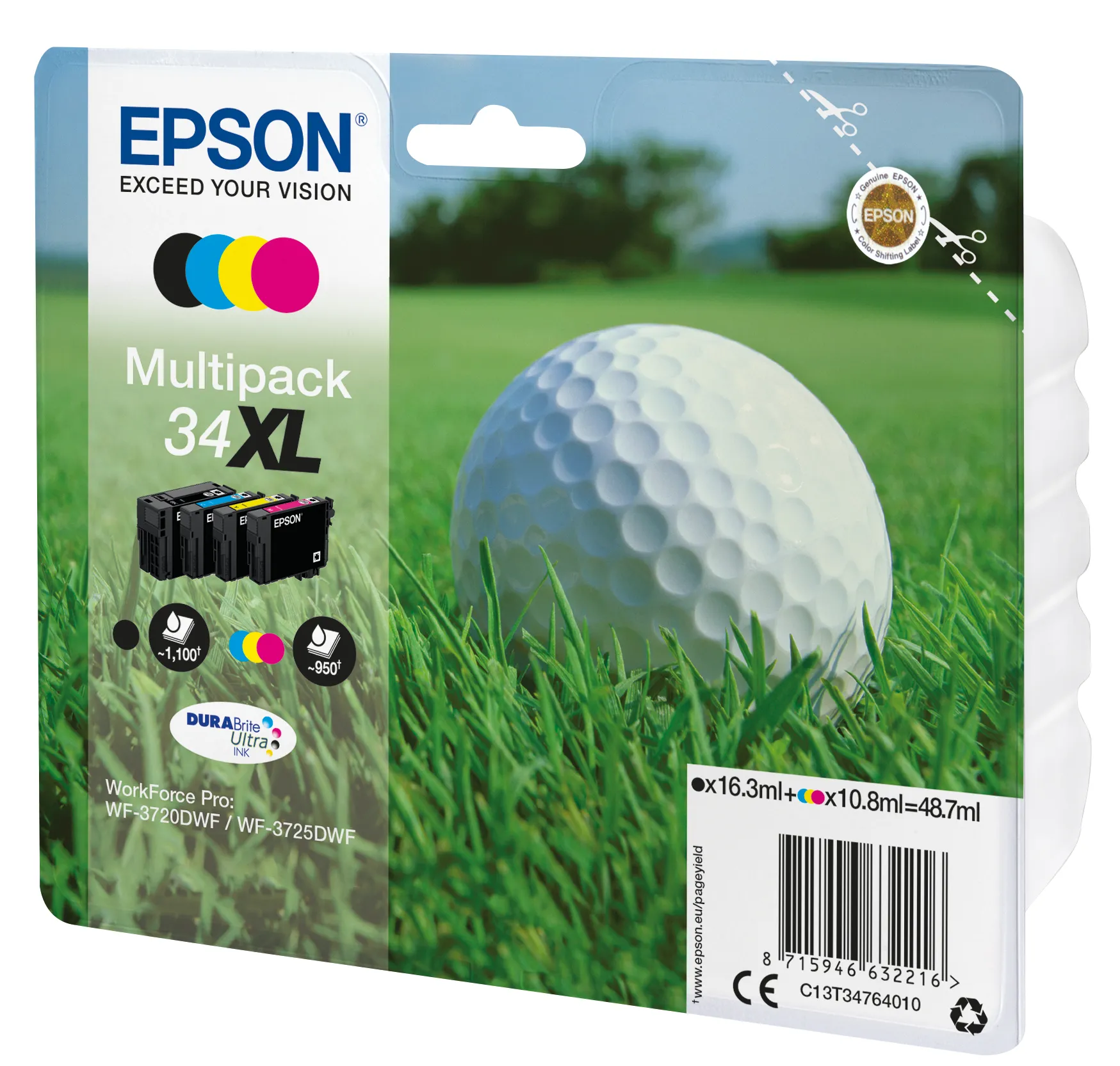 Epson 34XL ink cartridge kit, Black, Cyan, Magenta, Yellow, 4 pcs