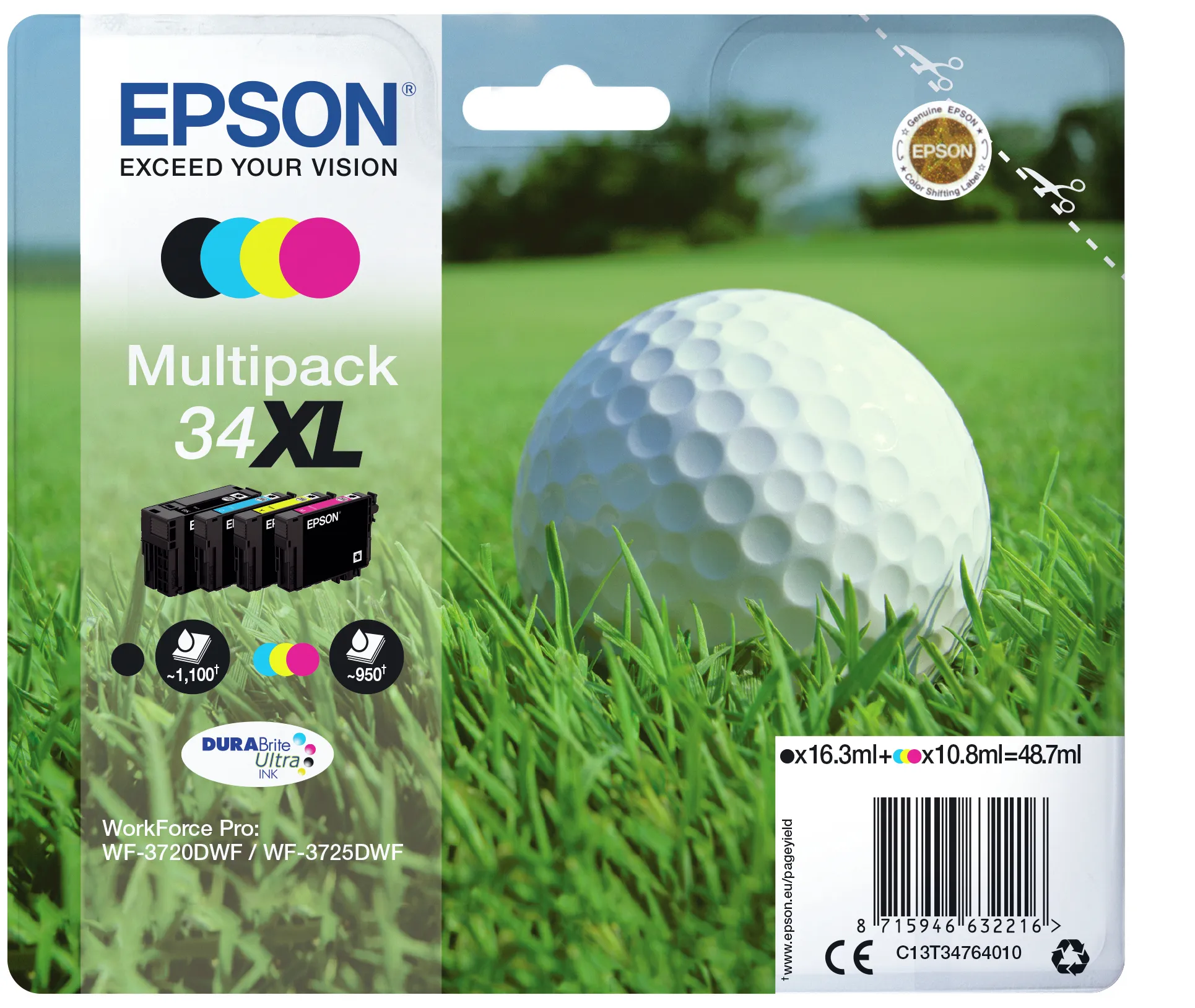 Epson 34XL ink cartridge kit, Black, Cyan, Magenta, Yellow, 4 pcs