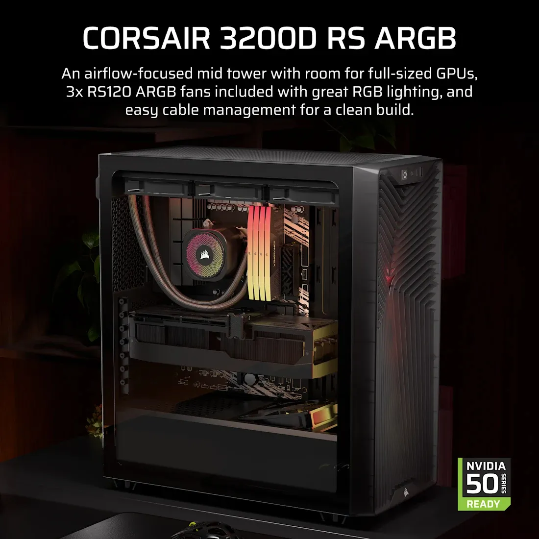 Corsair 3200D RS ARGB Midi-Tower Case with window and RGB lighting, Black