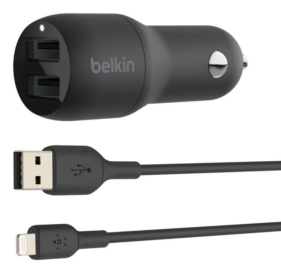 Dual USB-A Car Charger w/1M PVC A-LTG