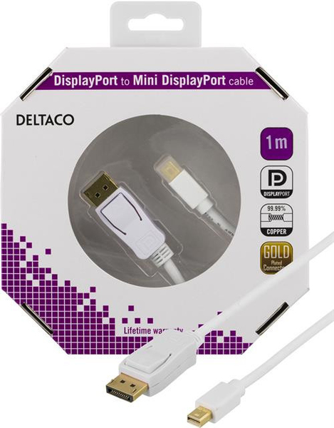 DELTACO DisplayPort - Mini DisplayPort kaapeli, 20-p ur - ur, 1m, valk