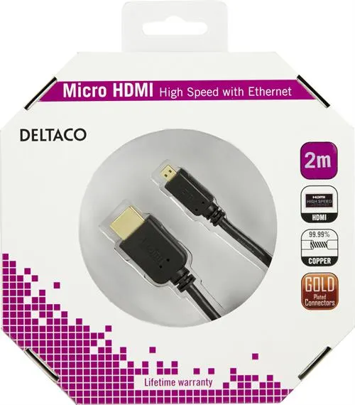 Deltaco HDMI &ndash; micro HDMI 1.4 - kabel, 2 m, Svart