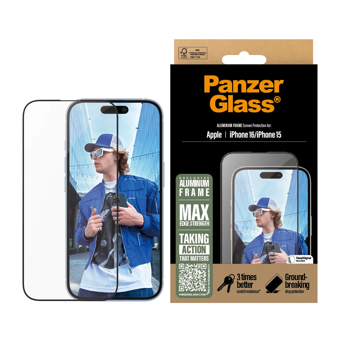 PanzerGlass Ultra-Wide Fit, Aluminium Frame, iPhone 16 -panssarilasi