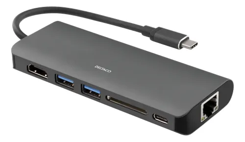 DELTACO USB-C dockningsstation med HDMI, RJ45, 2xUSB A, USB-C PD svart