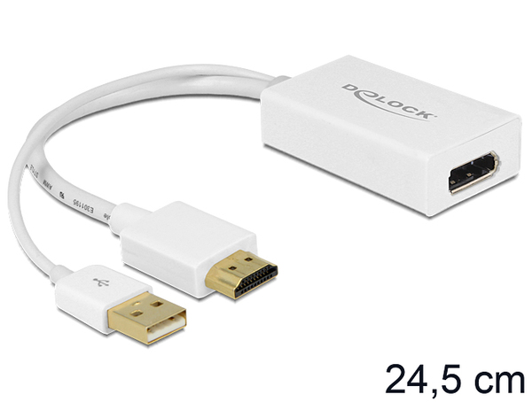 DeLOCK adapter, HDMI hane till DP hona, USB Typ A ha, 0,24m, vit
