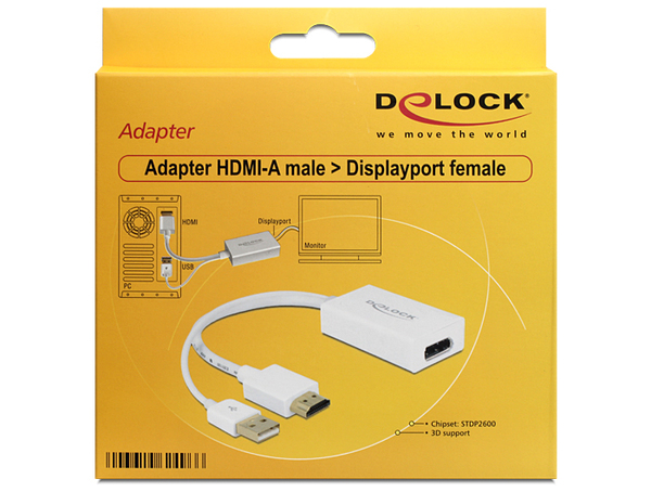 DeLOCK adapter, HDMI hane till DP hona, USB Typ A ha, 0,24m, vit