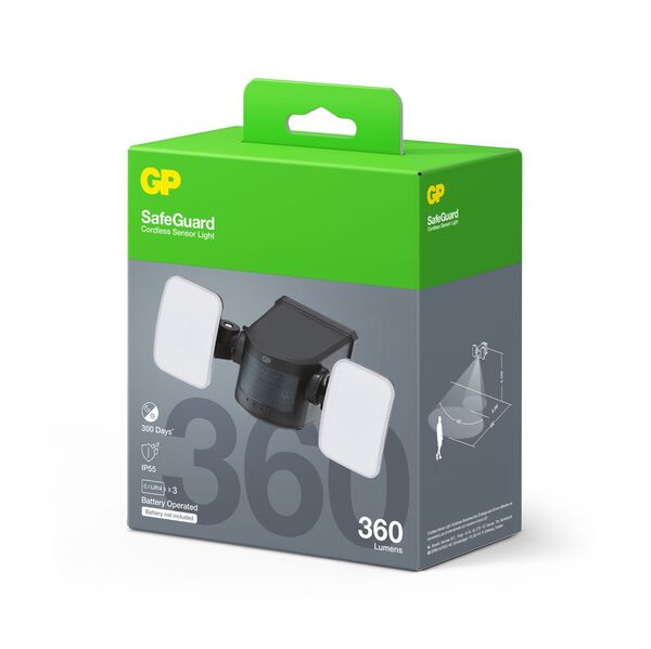 GP SafeGuard RF1.2+ Cordless LED Sensor Light, 360 lm, IP55, Battery Powered