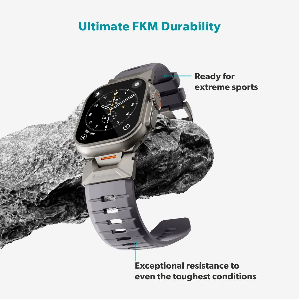 Epico FKM Rubber Pro Watch Band with Stainless Steel Fastening | Apple Watch SE (44mm)/Series 1-9 (42/44/45mm) 10-11 (46mm)/Ultra (49mm) | Grey