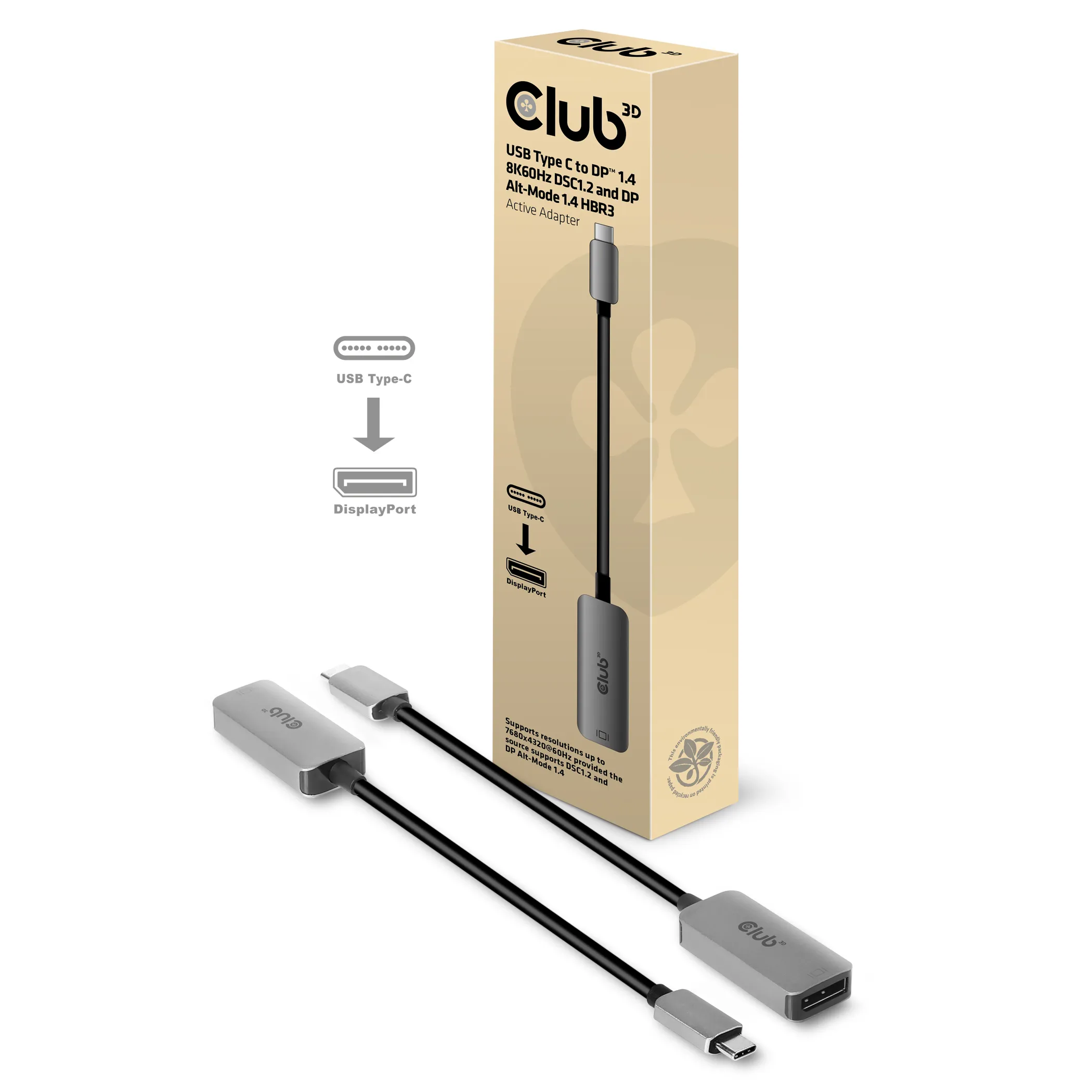 Club 3D USB-C - DisplayPort 1.4 8K 60Hz Active - adapter, Grå