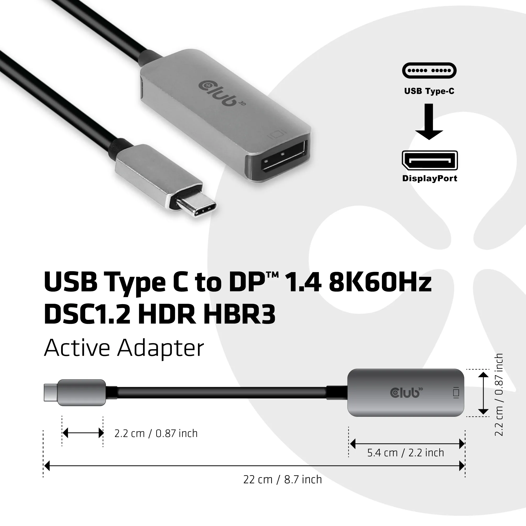 Club 3D USB-C - DisplayPort 1.4 8K 60Hz Active - adapter, Grå