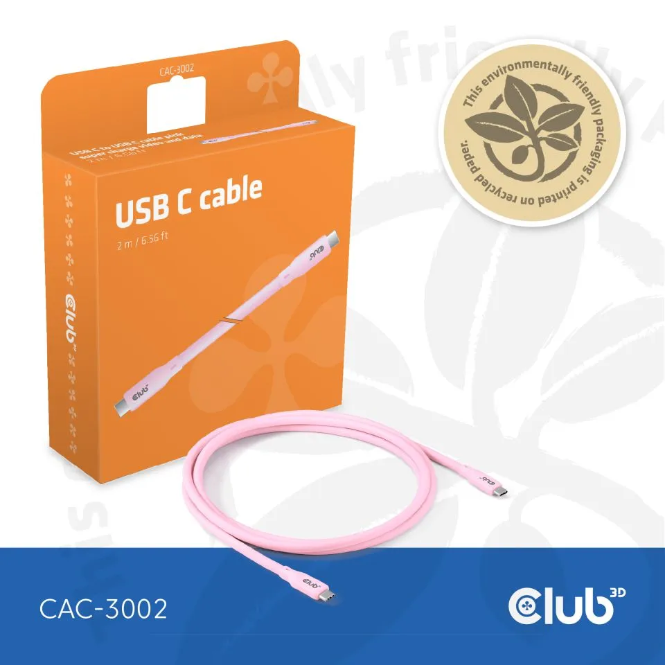 Club 3D USB-C - USB-C USB4 4K60Hz 240W -kaapeli, Pinkki, 2m