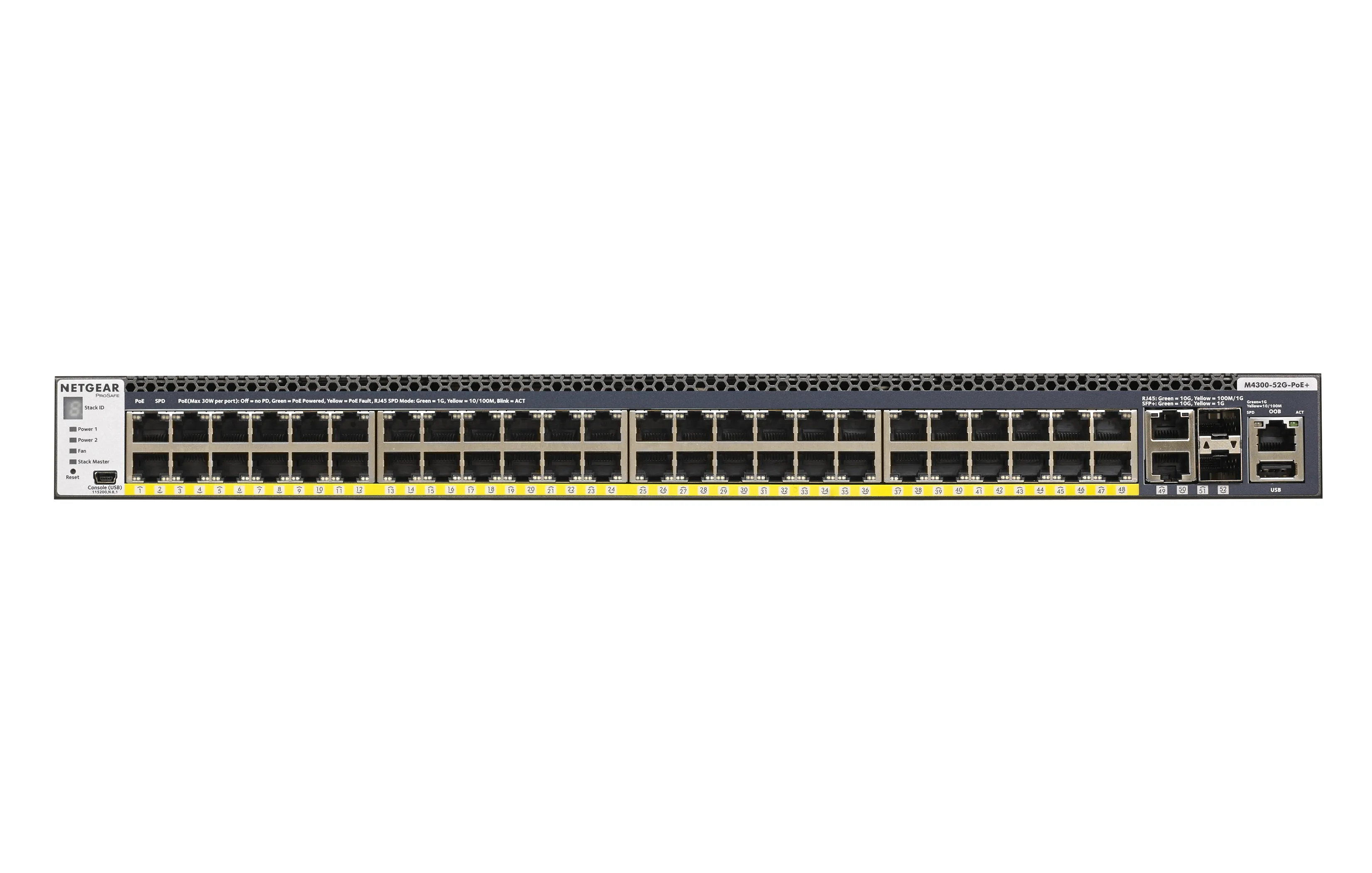 NETGEAR ProSAFE M4300-52G-PoE+ - Kytkin - L3 - Hallinnoitu - 2 x 10/100/1000/10000 + 2 x 10 Gigabit SFP+ + 48 x 10/100/1000 (PoE+) - räkkiin asennettava - PoE+
