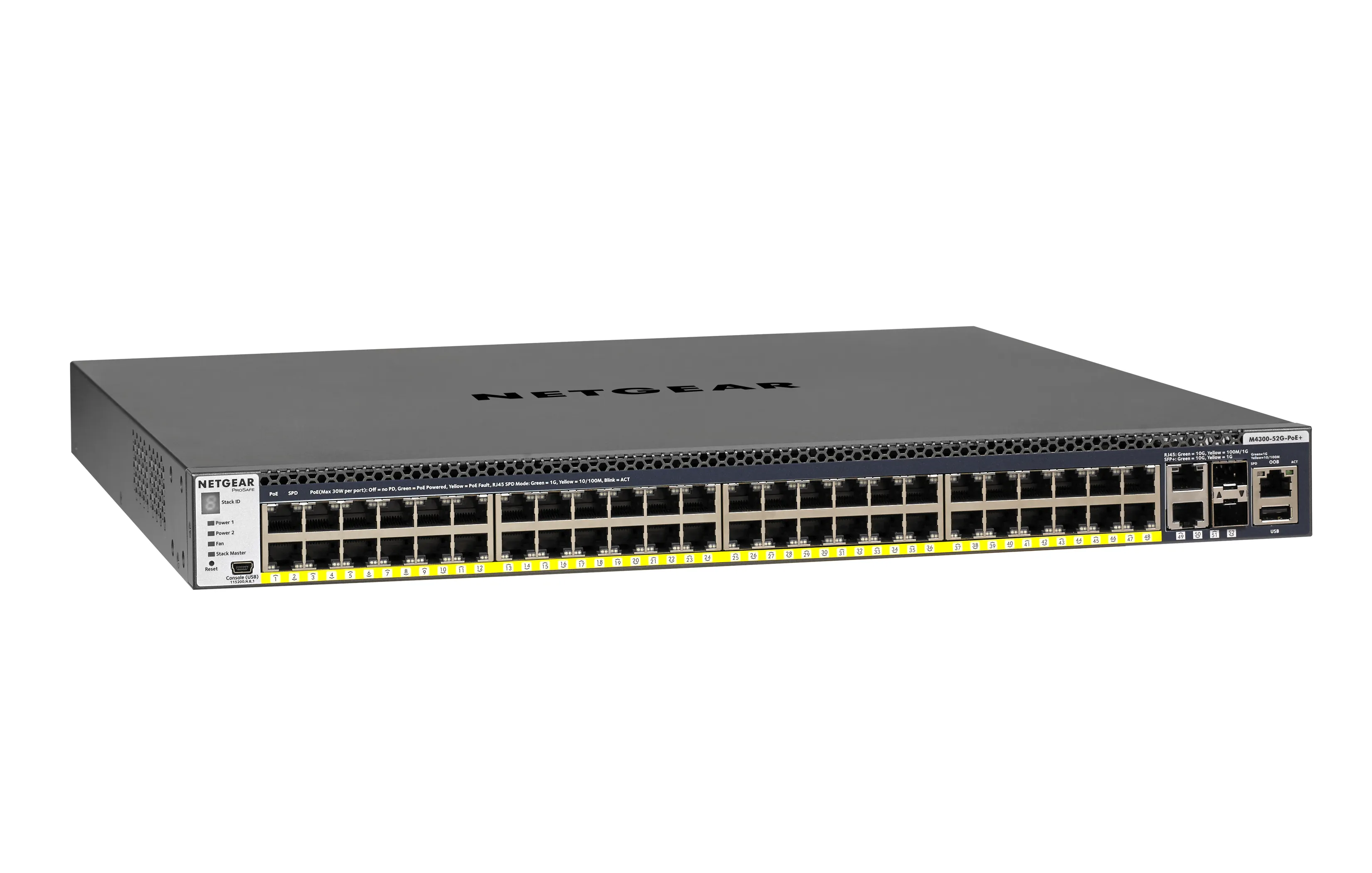 NETGEAR ProSAFE M4300-52G-PoE+ - Kytkin - L3 - Hallinnoitu - 2 x 10/100/1000/10000 + 2 x 10 Gigabit SFP+ + 48 x 10/100/1000 (PoE+) - räkkiin asennettava - PoE+