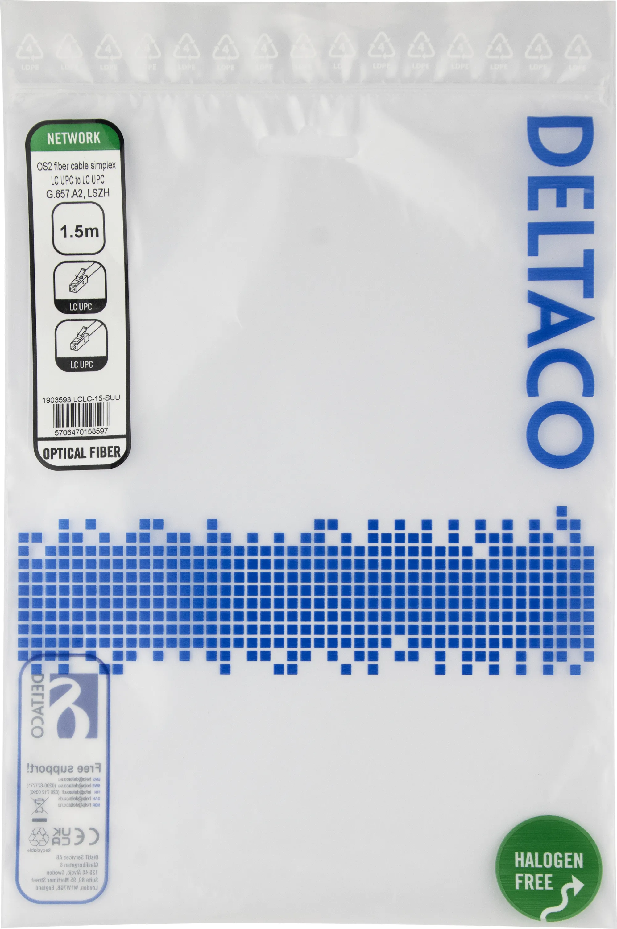 Deltaco OS2 LSZH LC-LC 1.5m fiberkabel, gul