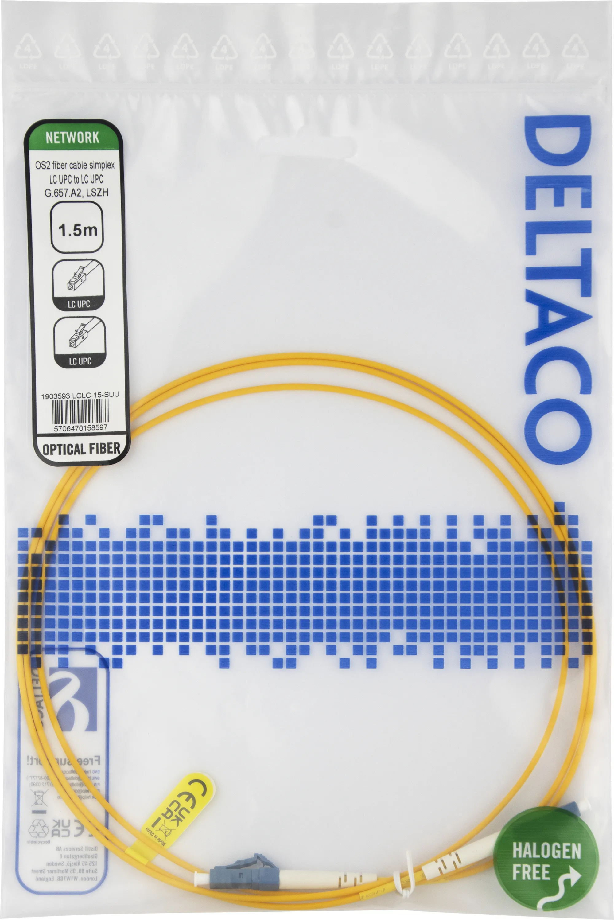 Deltaco OS2 LSZH LC-LC 1.5m fiberkabel, gul
