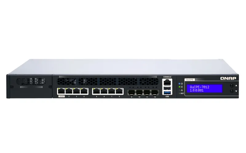 QNAP QuCPE-7012-D2146NT-32G Intel Xeon D-2146NT 8x2.5GbE RJ45 ports and 4x10GbE SFP+ ports 1x network module 1x PCIe Gen3 x8
