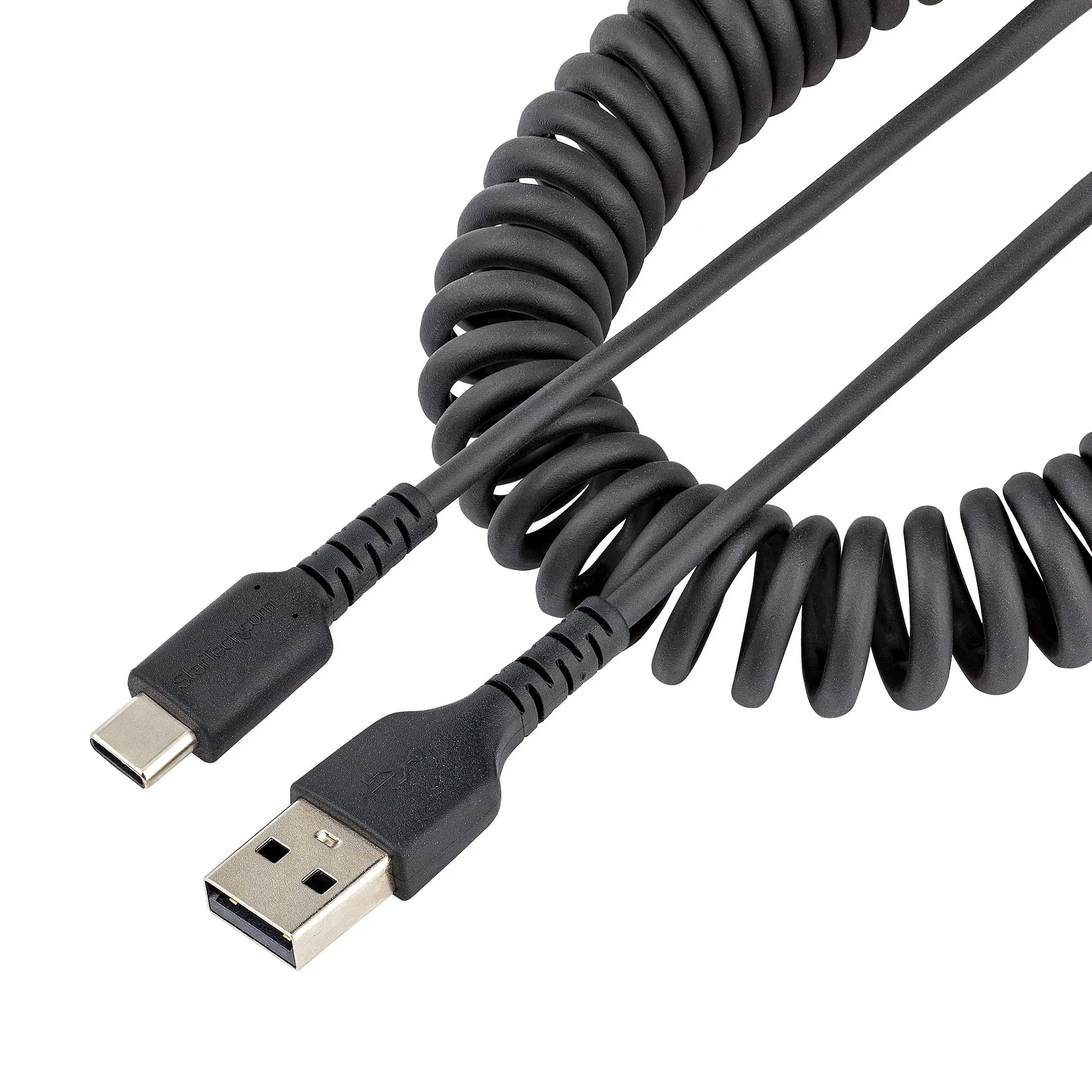 USB A TO C CHARGING CABLE - 1M - (3.3FT) COILED CABLE BLACK