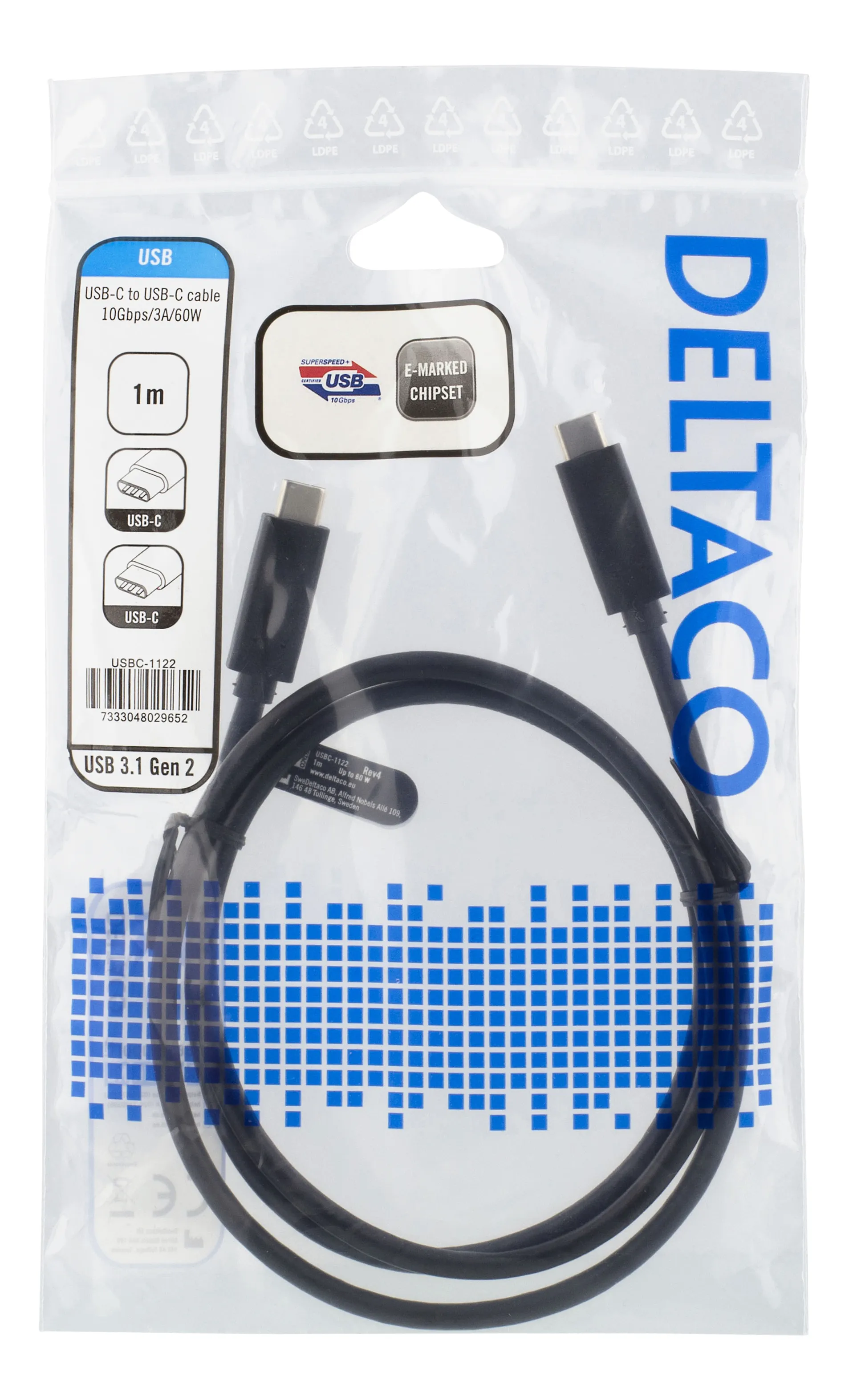 Deltaco USB-C – USB-C 3.2 Gen 2 - cable, 1 m, Black