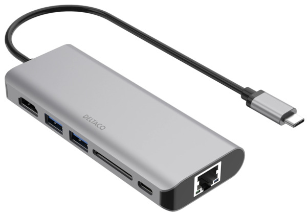 Deltaco 1x HDMI/RJ45/2x USB-A/SD, USB-C-telakka