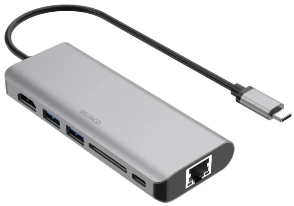 Deltaco 1x HDMI/RJ45/2x USB-A/SD, USB-C-telakka