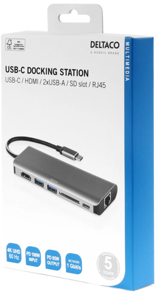 Deltaco 1x HDMI/RJ45/2x USB-A/SD, USB-C-telakka