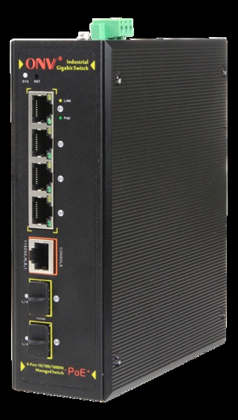 Industriell PoE-switch, 4xRJ45, 2xSFP, 30W, 20km, 1310nm, svart