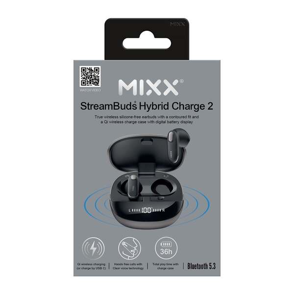MIXX StreamBuds Hybrid Charge 2 Wireless Earbuds, Black