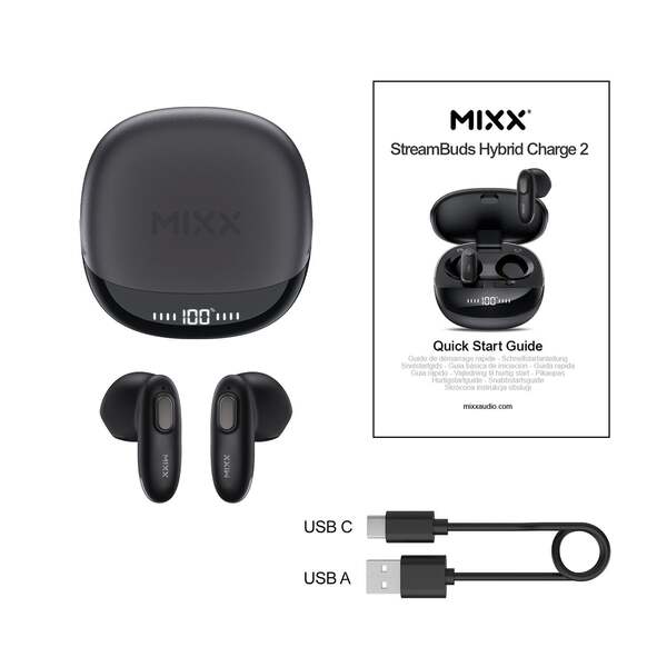 MIXX StreamBuds Hybrid Charge 2 Wireless Earbuds, Black