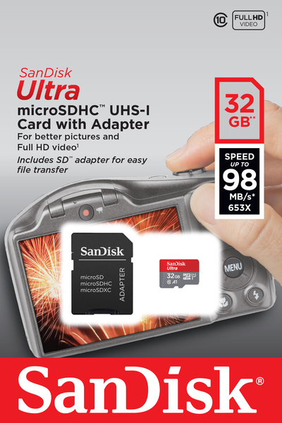 SanDisk 32 GB Ultra, UHS-I Class 10 MicroSDHC-kort + SD adapter