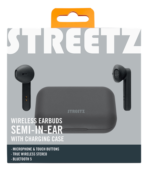 STREETZ True Wireless Stereo earbuds with charging case, semi-in-ear, BT 5, matte black