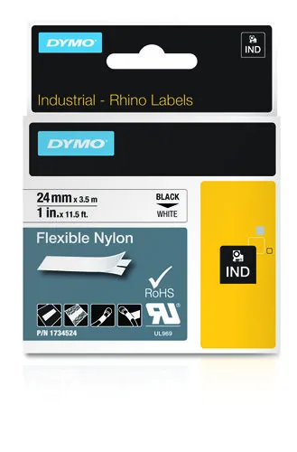 DYMO RhinoPRO m&auml;rktejp flex nylon 24mm, svart p&aring; vitt, 3,5m