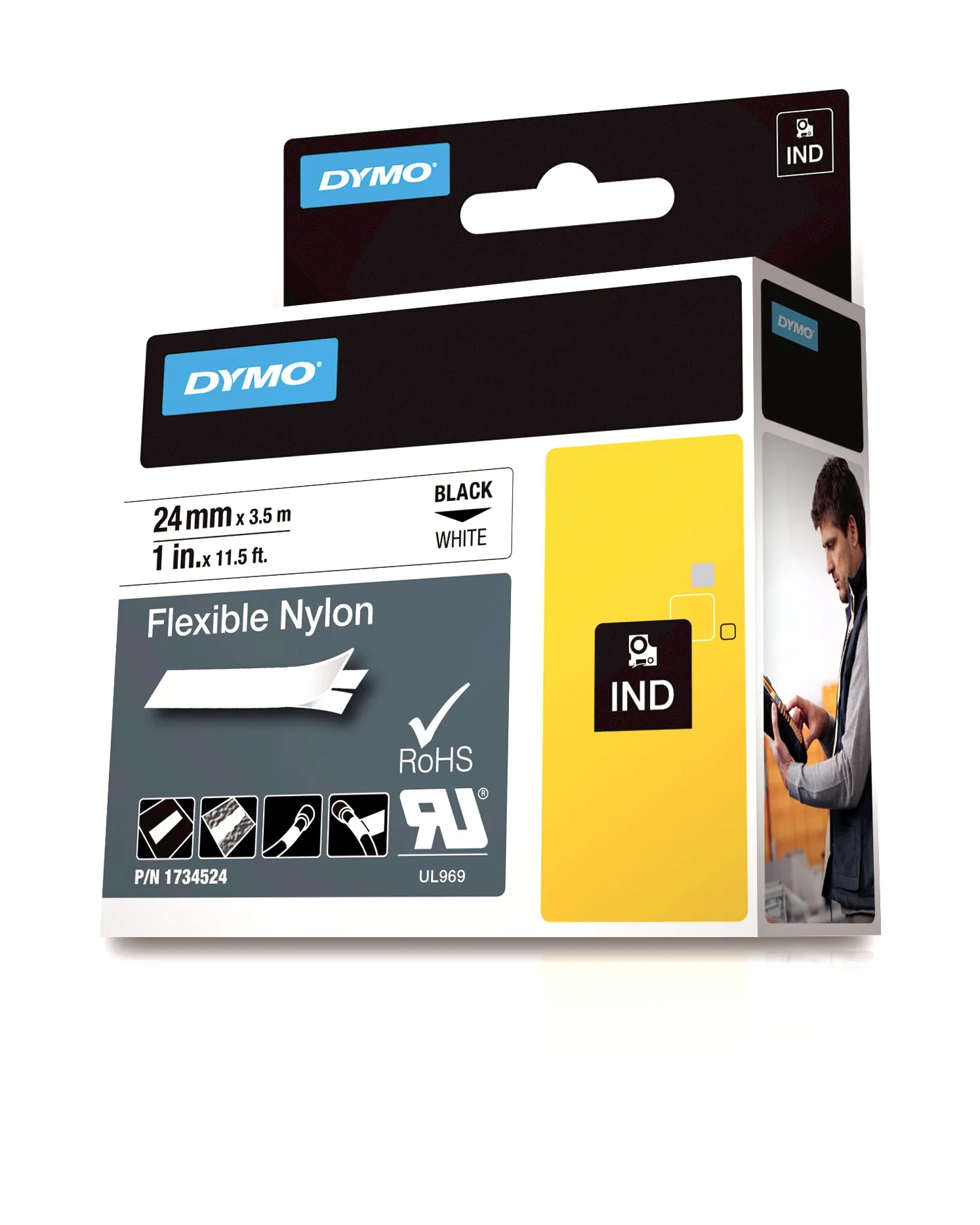 DYMO RhinoPRO m&auml;rktejp flex nylon 24mm, svart p&aring; vitt, 3,5m