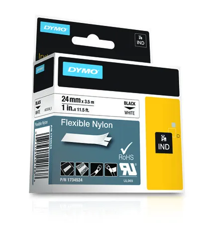 DYMO RhinoPRO m&auml;rktejp flex nylon 24mm, svart p&aring; vitt, 3,5m