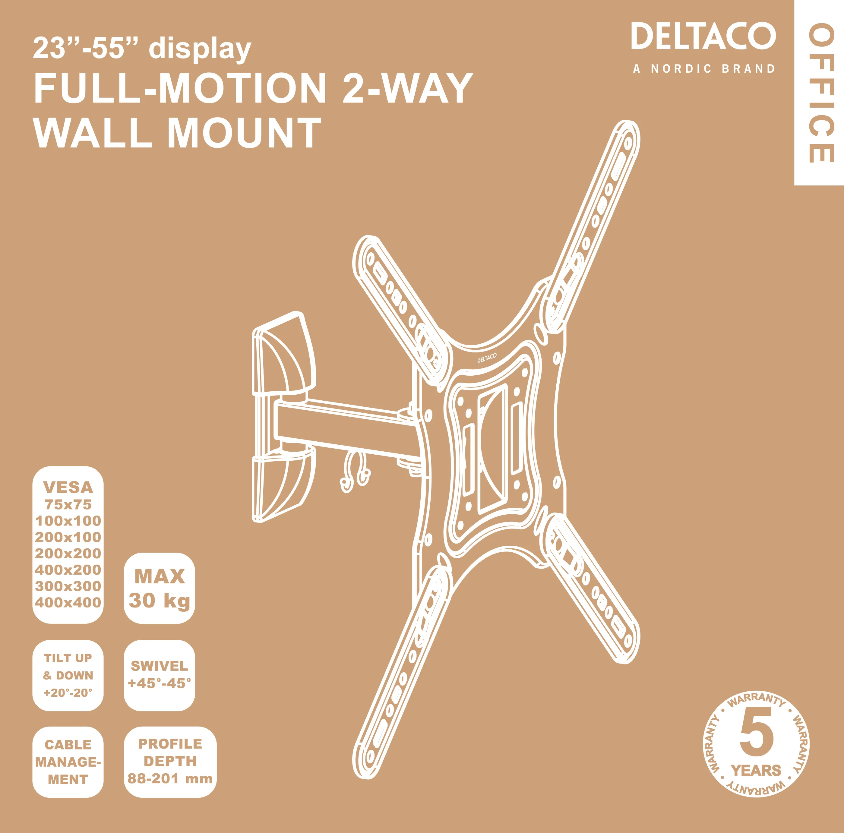 DELTACO Office, full-motion 2-way wall, 23"-55", 30kg, 75x75-400-400