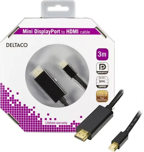 Deltaco mini DisplayPort &ndash; HDMI - cable, 3 m, Black