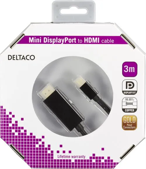 Deltaco mini DisplayPort &ndash; HDMI - cable, 3 m, Black