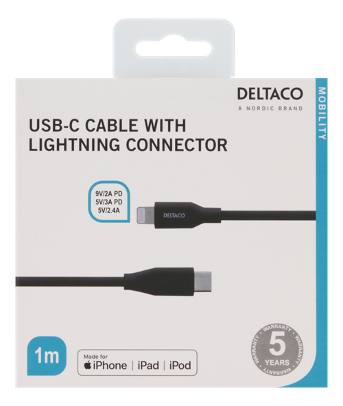 Deltaco USB-C - Lightning - cable, 1 m, Black