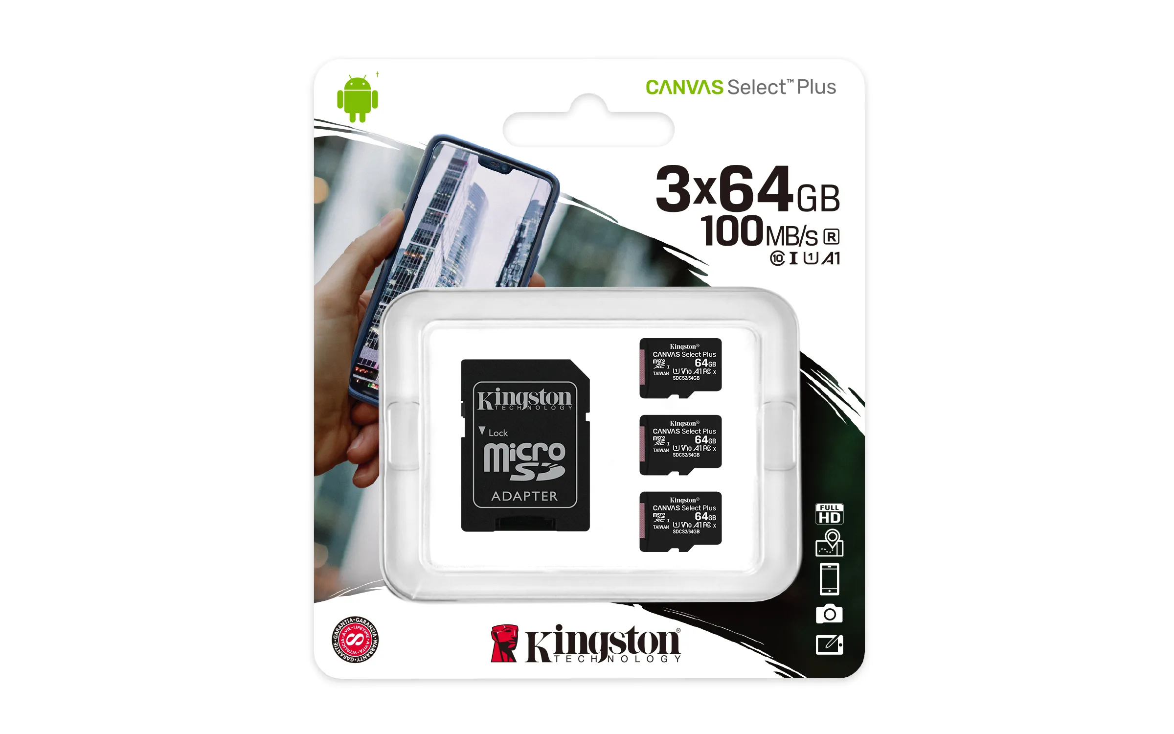 Kingston Canvas Select Plus 64GB MicroSDXC - memory card + SD adapter (3pcs)