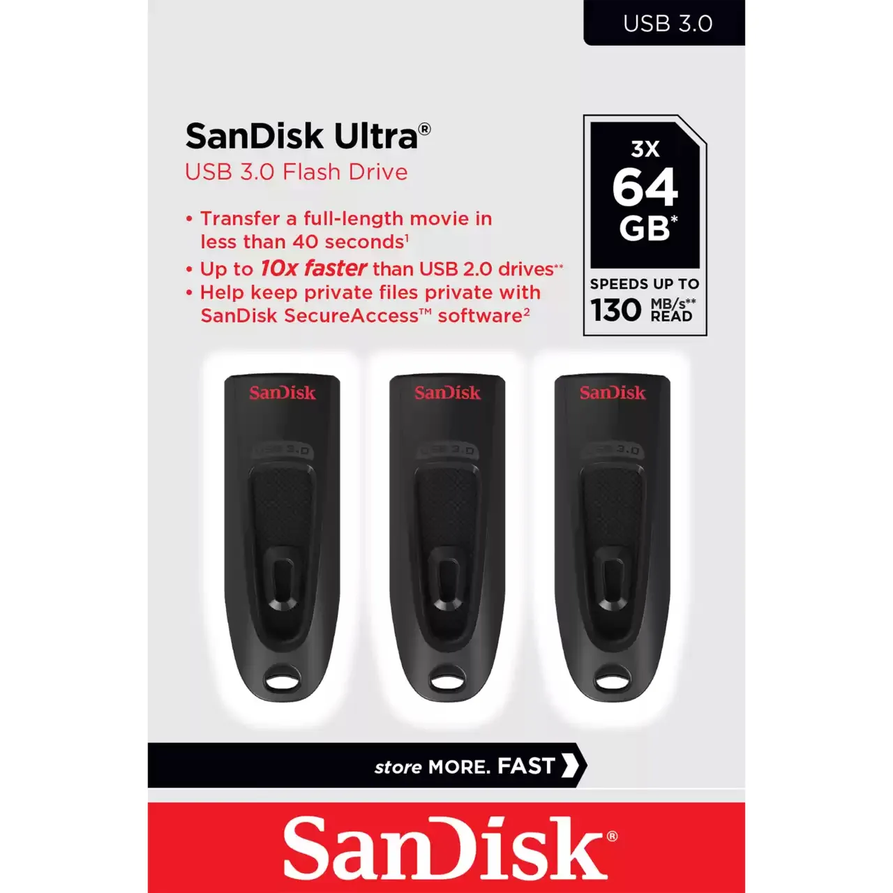 SanDisk 64 Gt Ultra USB 3.0 -muistitikku, Musta (3kpl)